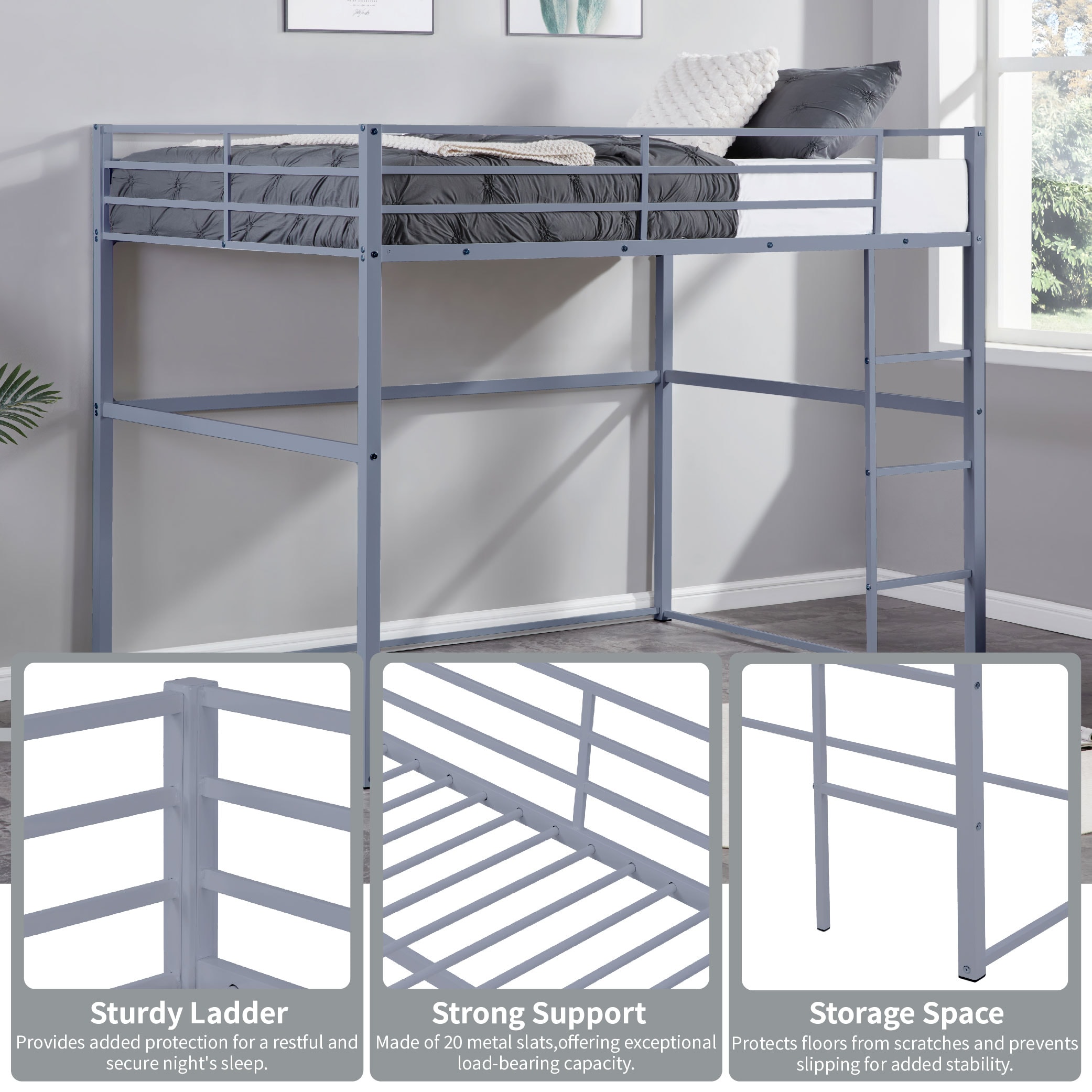 Metal Loft Bed Twin Size, Loft Bed Frame with Safety Guard Rails & Flat Ladder, Twin Loft Bed for Kids Teens Adults, Gray Metal Loft Bed Twin Size, Loft Bed Frame with Safety Guard Rails & Flat Ladder, Twin Loft Bed for Kids Teens Adults, Gray